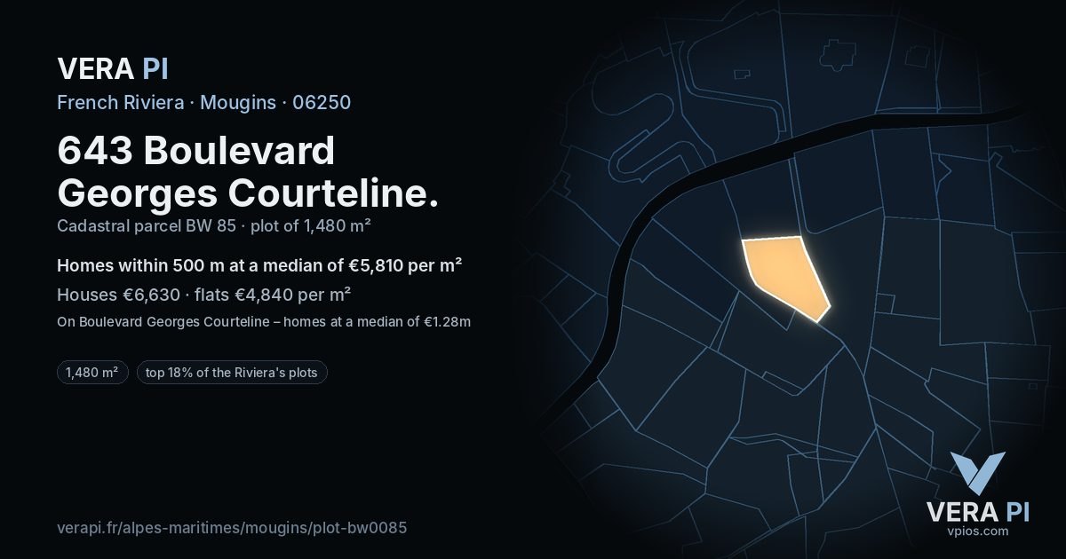 643 Boulevard Georges Courteline, Mougins at night – the plot lit, the parcels around coloured by the prices near them