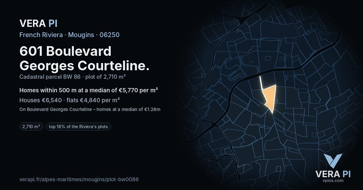 601 Boulevard Georges Courteline, Mougins at night – the plot lit, the parcels around coloured by the prices near them