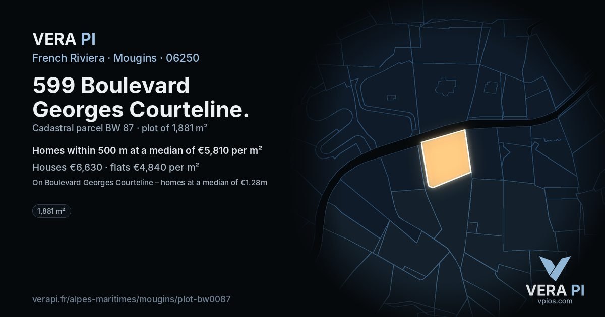 599 Boulevard Georges Courteline, Mougins at night – the plot lit, the parcels around coloured by the prices near them