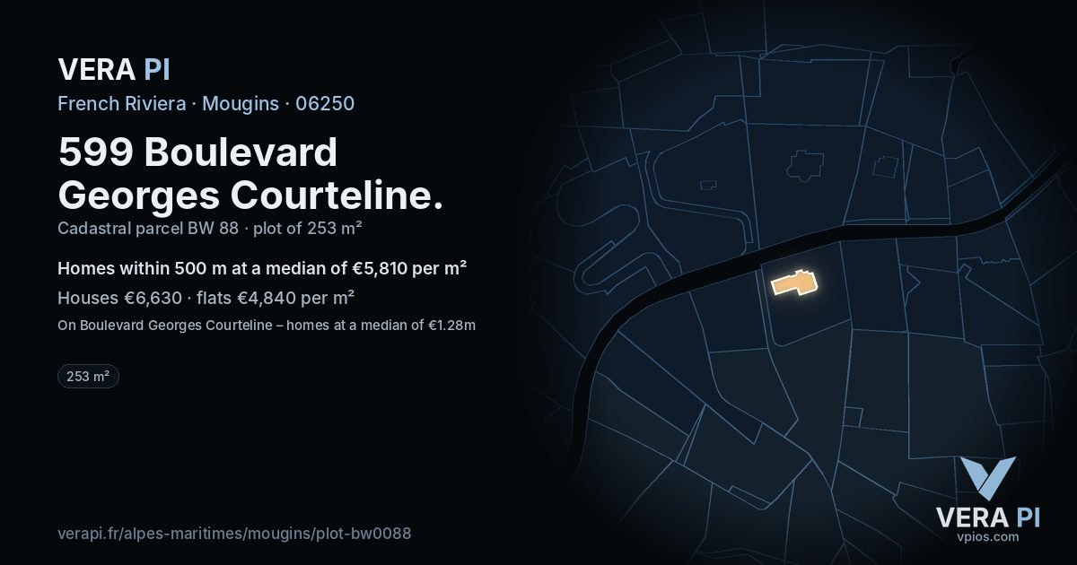 599 Boulevard Georges Courteline, Mougins at night – the plot lit, the parcels around coloured by the prices near them
