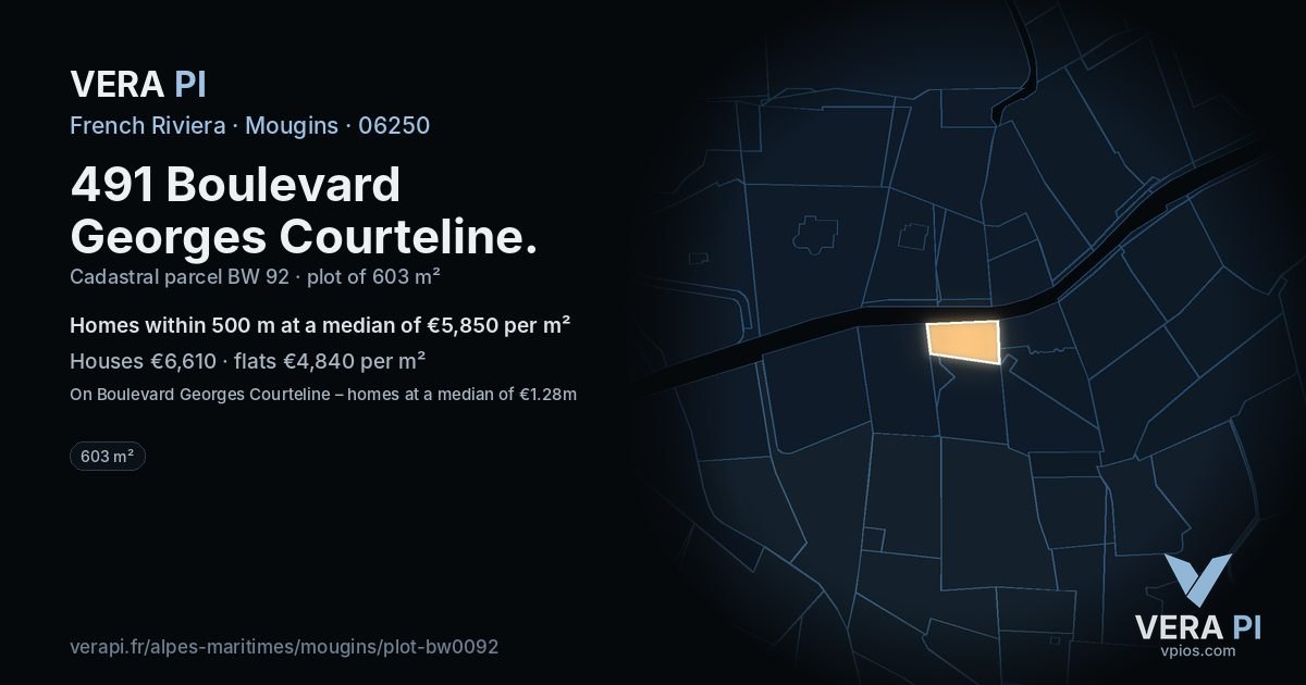 491 Boulevard Georges Courteline, Mougins at night – the plot lit, the parcels around coloured by the prices near them