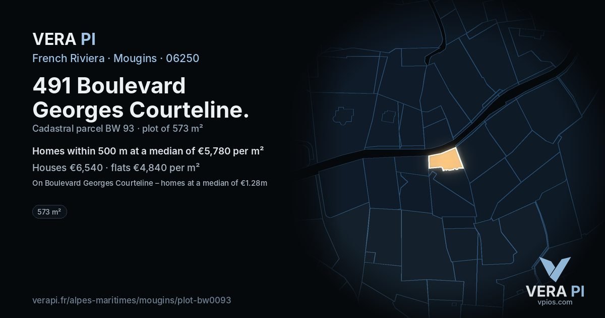 491 Boulevard Georges Courteline, Mougins at night – the plot lit, the parcels around coloured by the prices near them