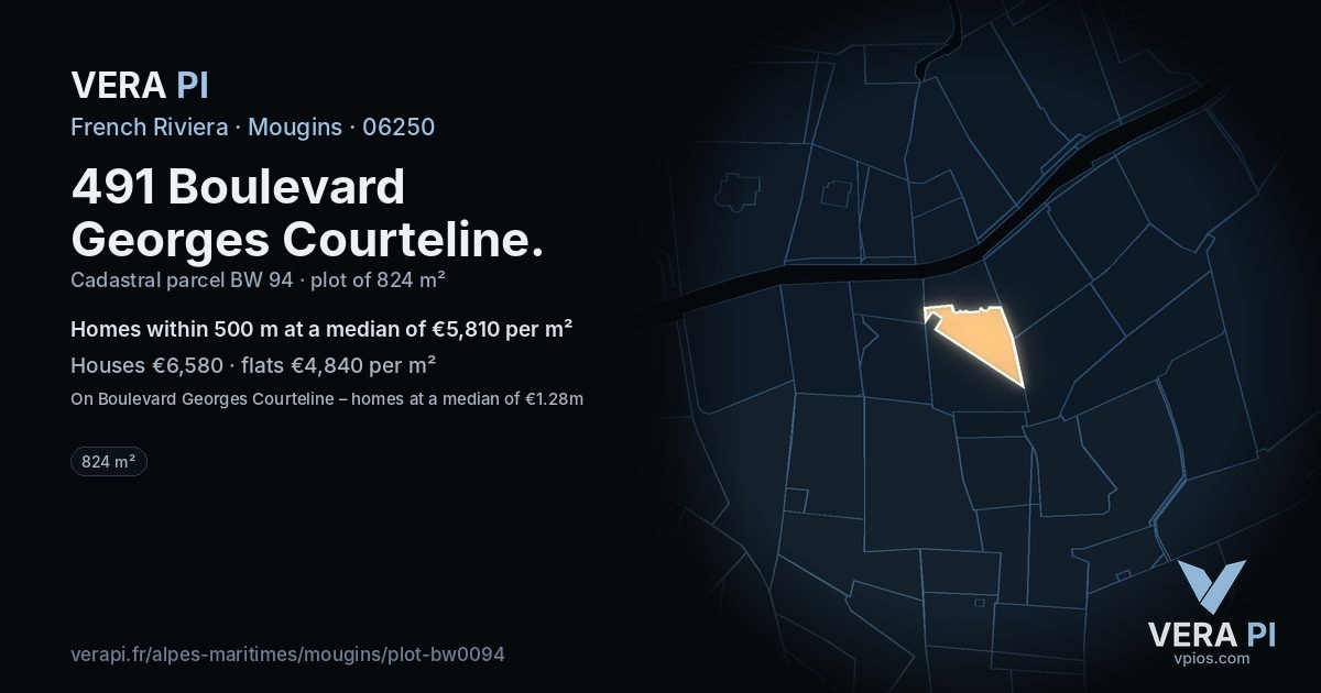 491 Boulevard Georges Courteline, Mougins at night – the plot lit, the parcels around coloured by the prices near them