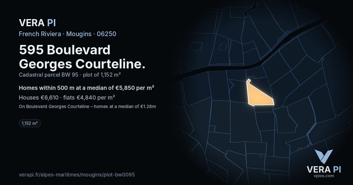 595 Boulevard Georges Courteline, Mougins at night – the plot lit, the parcels around coloured by the prices near them