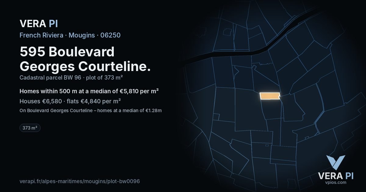 595 Boulevard Georges Courteline, Mougins at night – the plot lit, the parcels around coloured by the prices near them