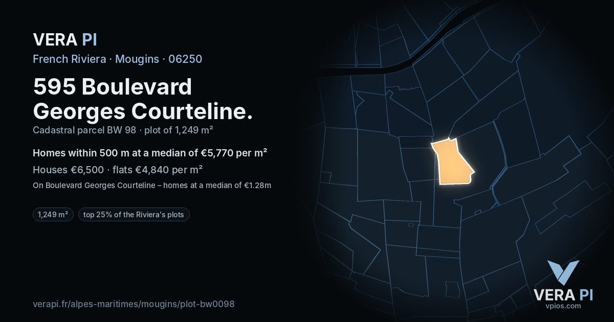 595 Boulevard Georges Courteline, Mougins at night – the plot lit, the parcels around coloured by the prices near them