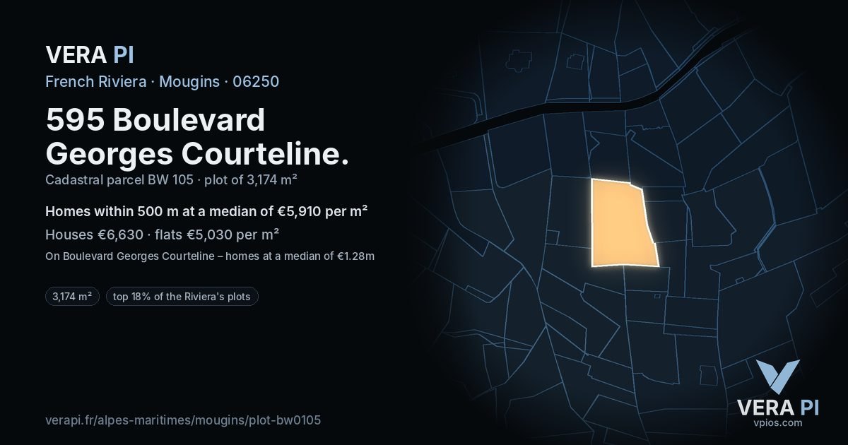 595 Boulevard Georges Courteline, Mougins at night – the plot lit, the parcels around coloured by the prices near them