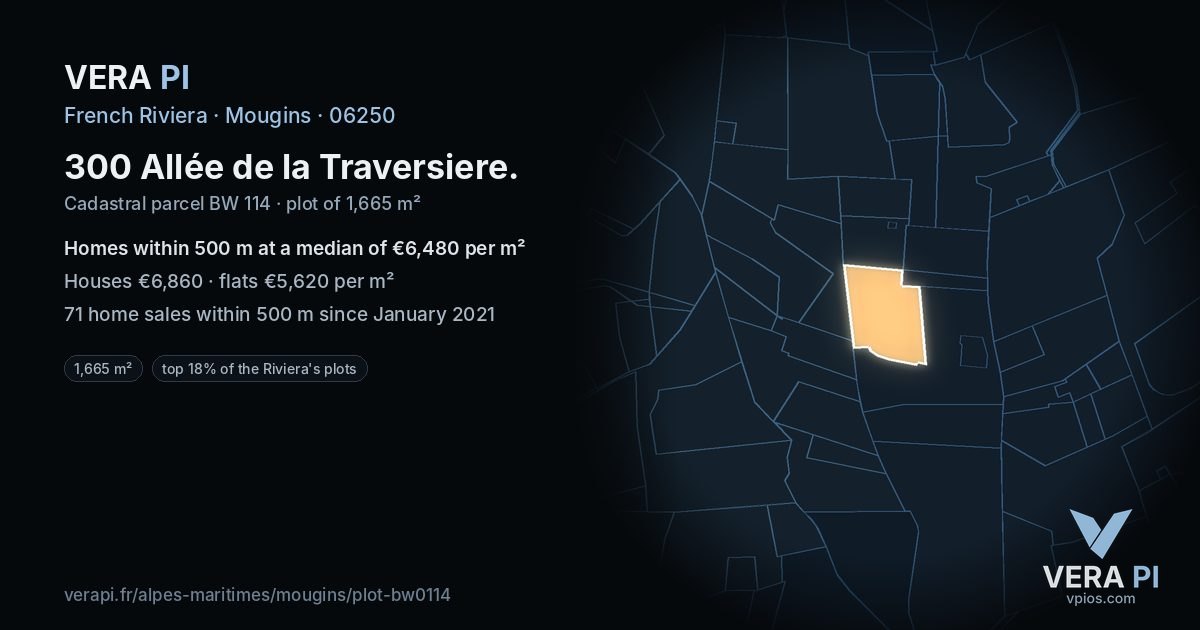 300 Allée de la Traversiere, Mougins at night – the plot lit, the parcels around coloured by the prices near them