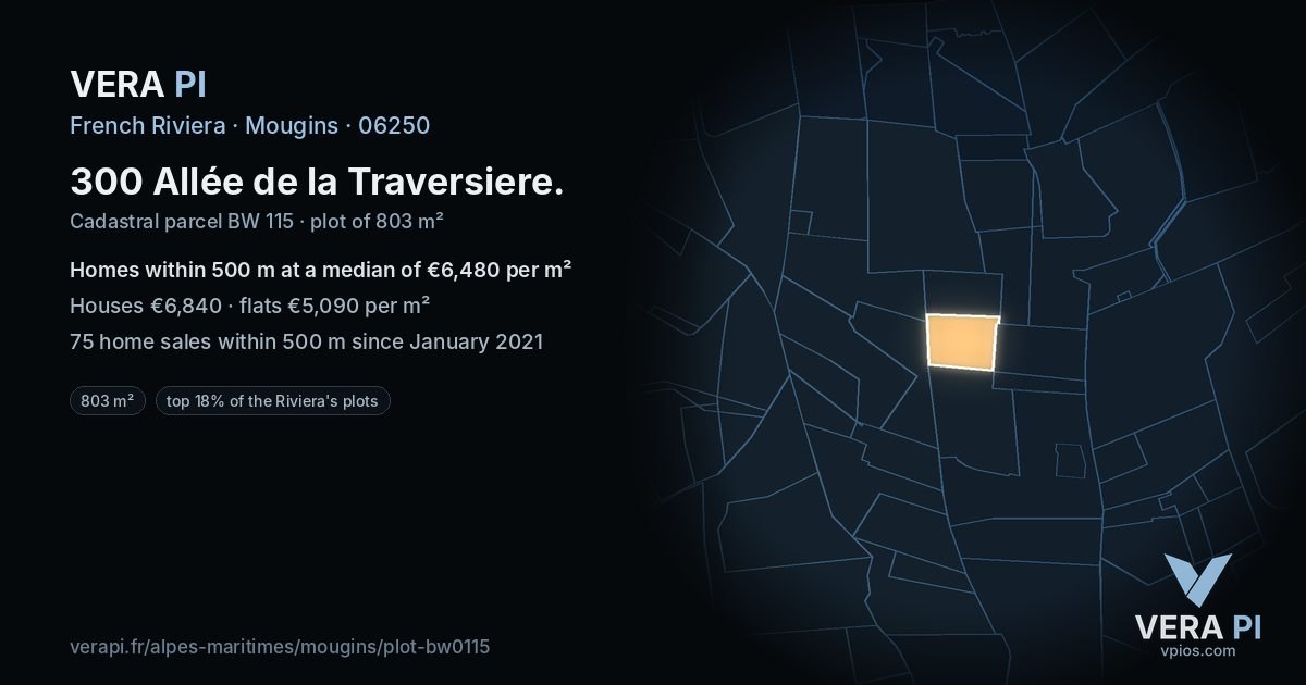 300 Allée de la Traversiere, Mougins at night – the plot lit, the parcels around coloured by the prices near them