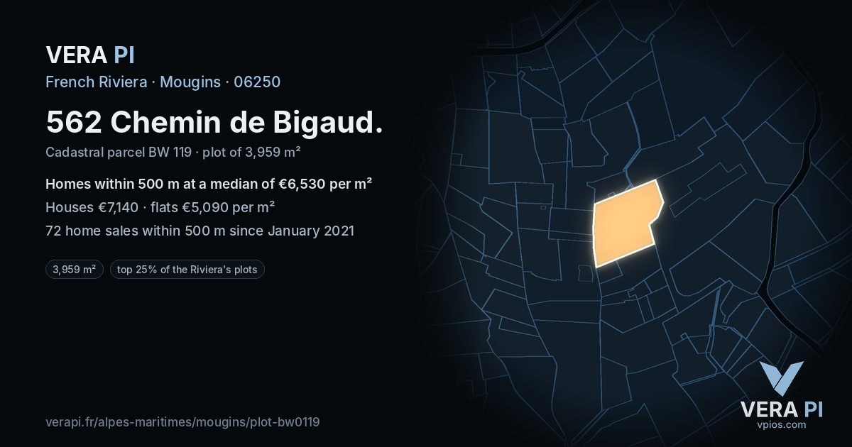 562 Chemin de Bigaud, Mougins at night – the plot lit, the parcels around coloured by the prices near them