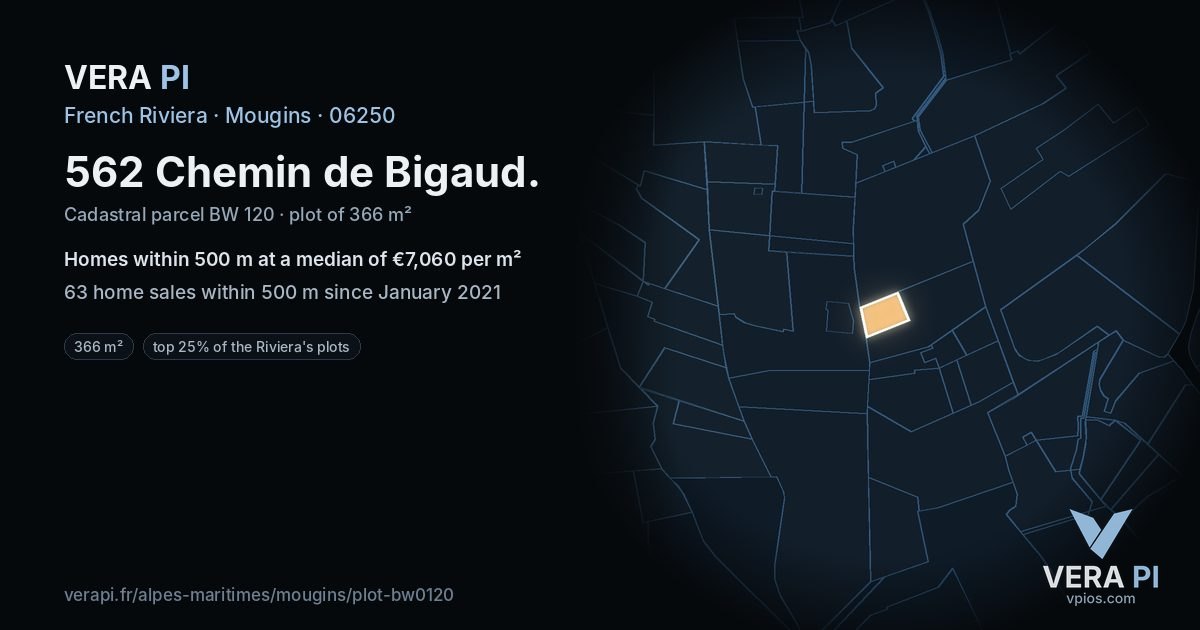 562 Chemin de Bigaud, Mougins at night – the plot lit, the parcels around coloured by the prices near them