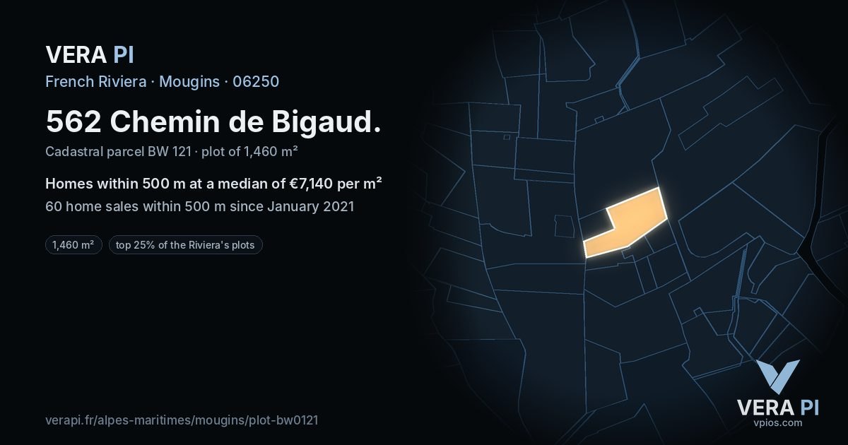 562 Chemin de Bigaud, Mougins at night – the plot lit, the parcels around coloured by the prices near them