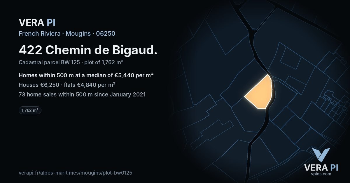 422 Chemin de Bigaud, Mougins at night – the plot lit, the parcels around coloured by the prices near them