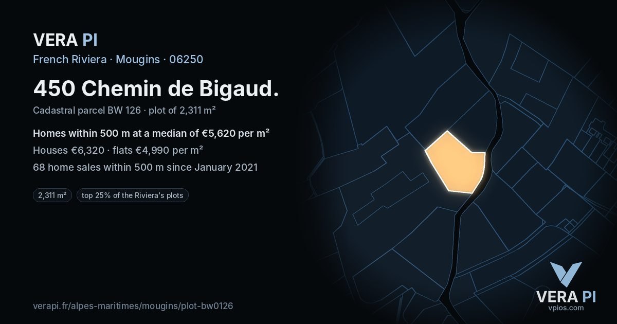450 Chemin de Bigaud, Mougins at night – the plot lit, the parcels around coloured by the prices near them