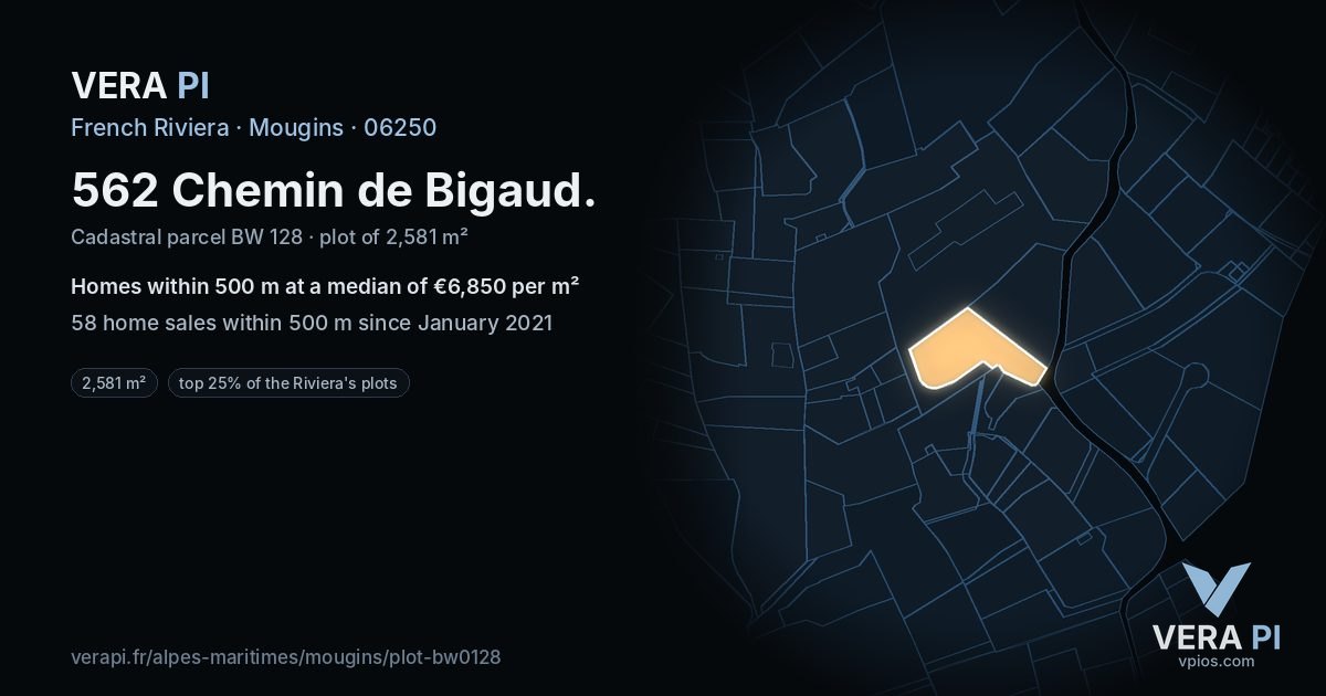 562 Chemin de Bigaud, Mougins at night – the plot lit, the parcels around coloured by the prices near them