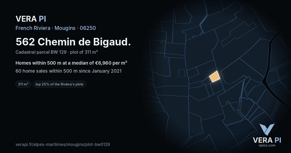 562 Chemin de Bigaud, Mougins at night – the plot lit, the parcels around coloured by the prices near them