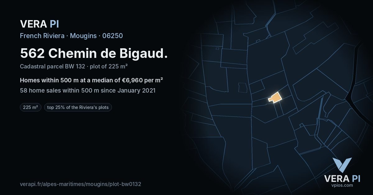 562 Chemin de Bigaud, Mougins at night – the plot lit, the parcels around coloured by the prices near them