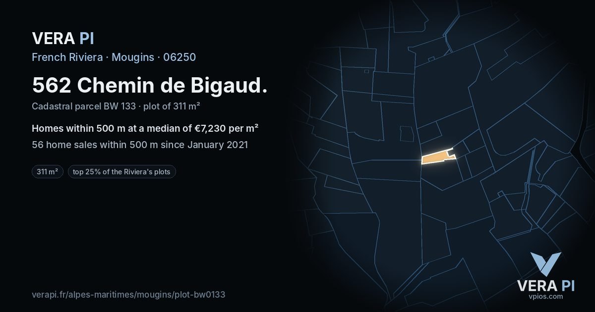 562 Chemin de Bigaud, Mougins at night – the plot lit, the parcels around coloured by the prices near them