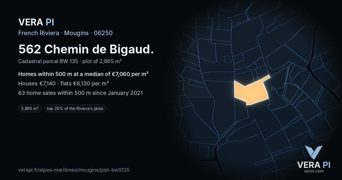 562 Chemin de Bigaud, Mougins at night – the plot lit, the parcels around coloured by the prices near them