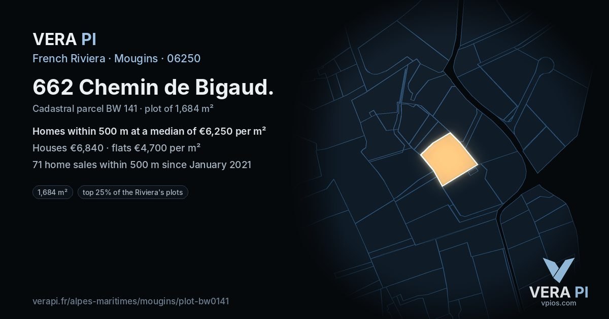 662 Chemin de Bigaud, Mougins at night – the plot lit, the parcels around coloured by the prices near them