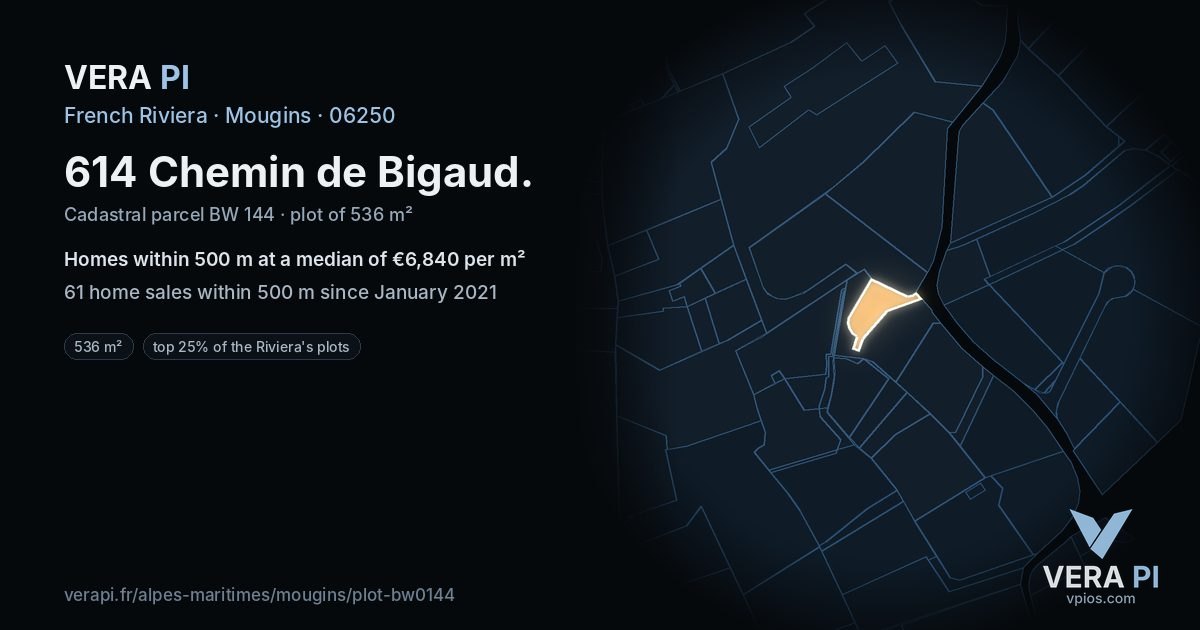 614 Chemin de Bigaud, Mougins at night – the plot lit, the parcels around coloured by the prices near them