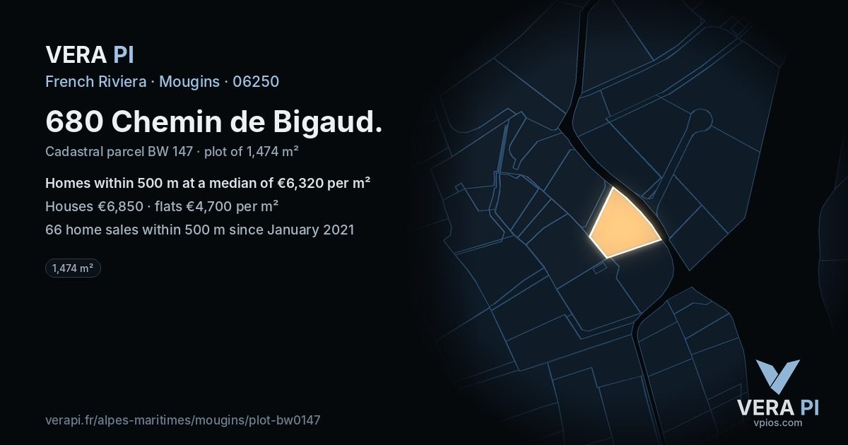 680 Chemin de Bigaud, Mougins at night – the plot lit, the parcels around coloured by the prices near them