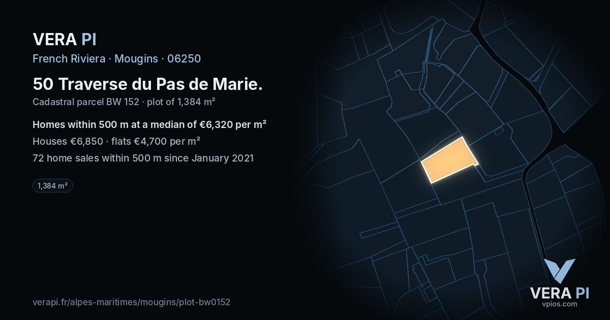 50 Traverse du Pas de Marie, Mougins at night – the plot lit, the parcels around coloured by the prices near them