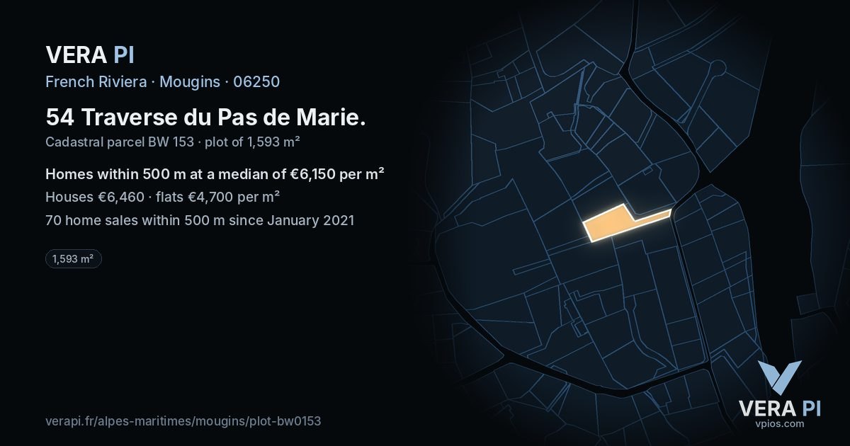 54 Traverse du Pas de Marie, Mougins at night – the plot lit, the parcels around coloured by the prices near them