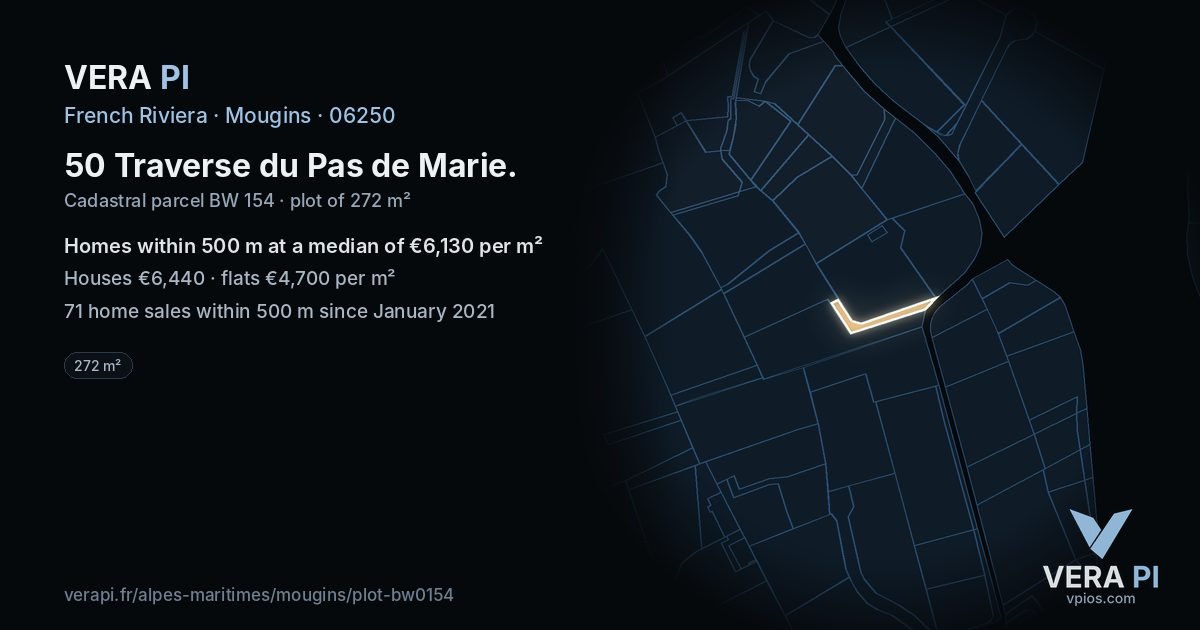 50 Traverse du Pas de Marie, Mougins at night – the plot lit, the parcels around coloured by the prices near them