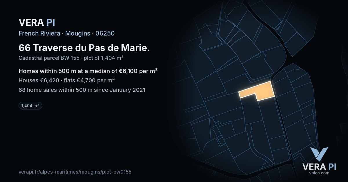 66 Traverse du Pas de Marie, Mougins at night – the plot lit, the parcels around coloured by the prices near them