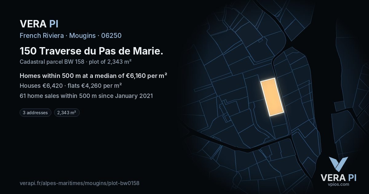 150 Traverse du Pas de Marie, Mougins at night – the plot lit, the parcels around coloured by the prices near them