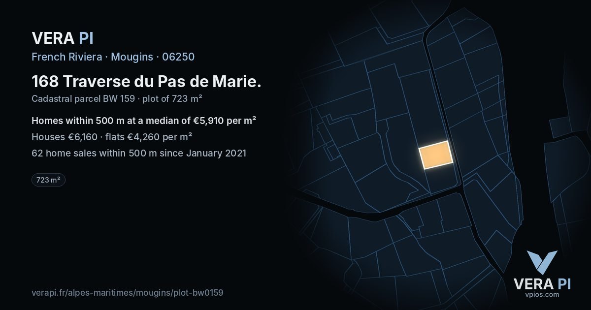 168 Traverse du Pas de Marie, Mougins at night – the plot lit, the parcels around coloured by the prices near them