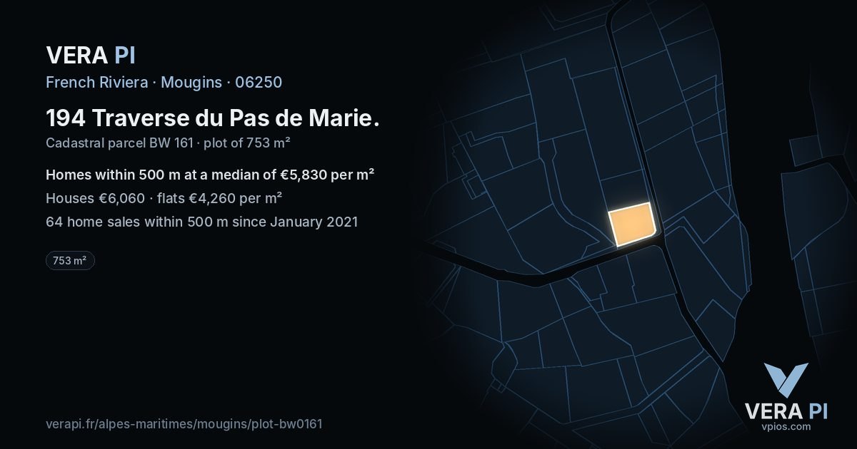 194 Traverse du Pas de Marie, Mougins at night – the plot lit, the parcels around coloured by the prices near them