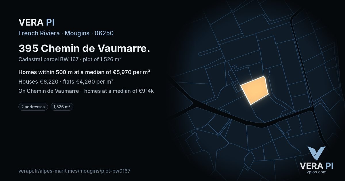 395 Chemin de Vaumarre, Mougins at night – the plot lit, the parcels around coloured by the prices near them