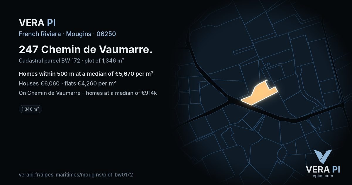 247 Chemin de Vaumarre, Mougins at night – the plot lit, the parcels around coloured by the prices near them