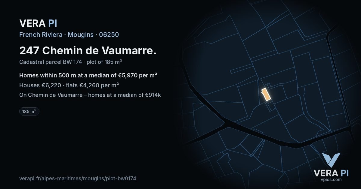 247 Chemin de Vaumarre, Mougins at night – the plot lit, the parcels around coloured by the prices near them