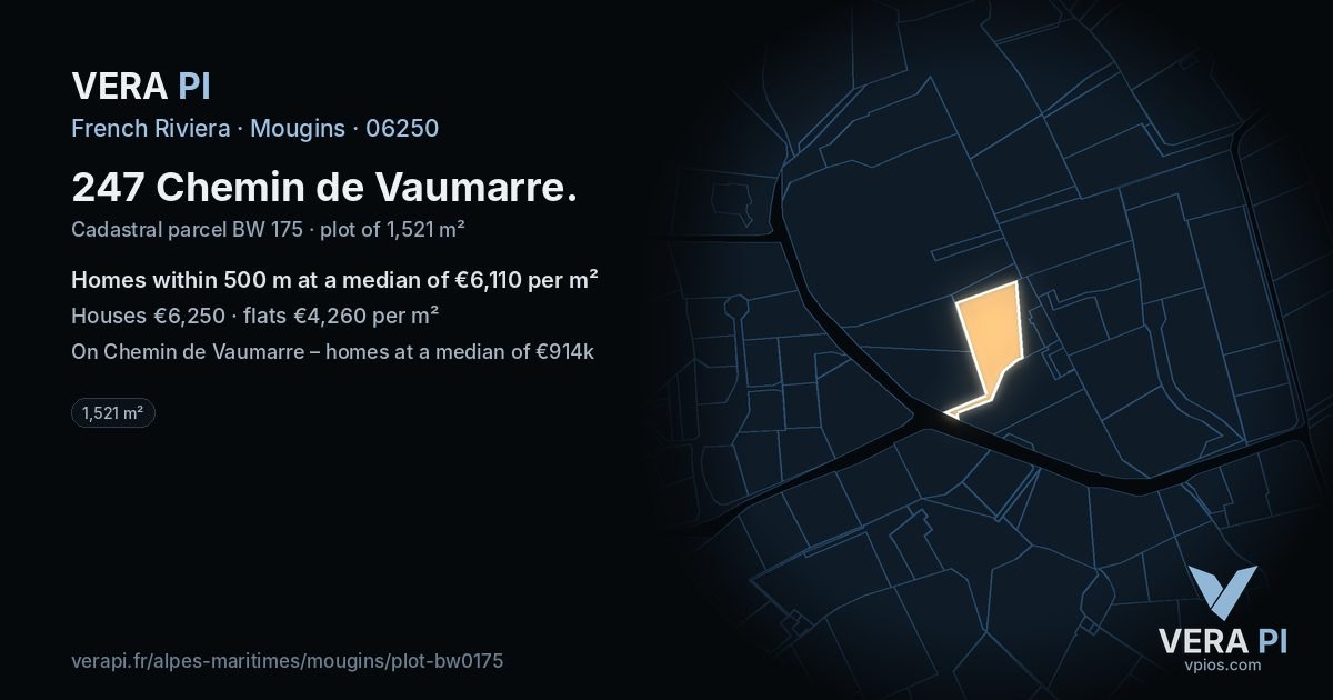 247 Chemin de Vaumarre, Mougins at night – the plot lit, the parcels around coloured by the prices near them