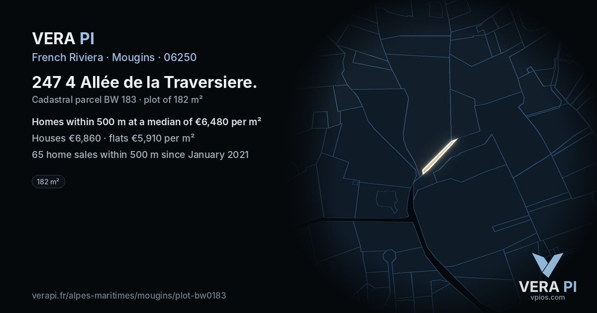 247 4 Allée de la Traversiere, Mougins at night – the plot lit, the parcels around coloured by the prices near them