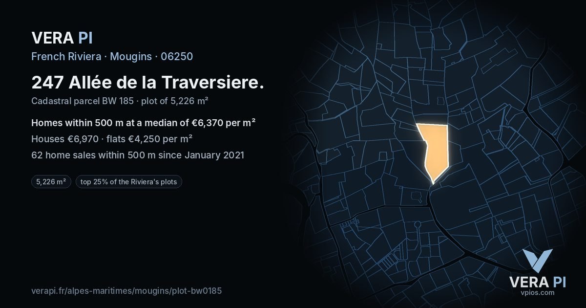 247 Allée de la Traversiere, Mougins at night – the plot lit, the parcels around coloured by the prices near them