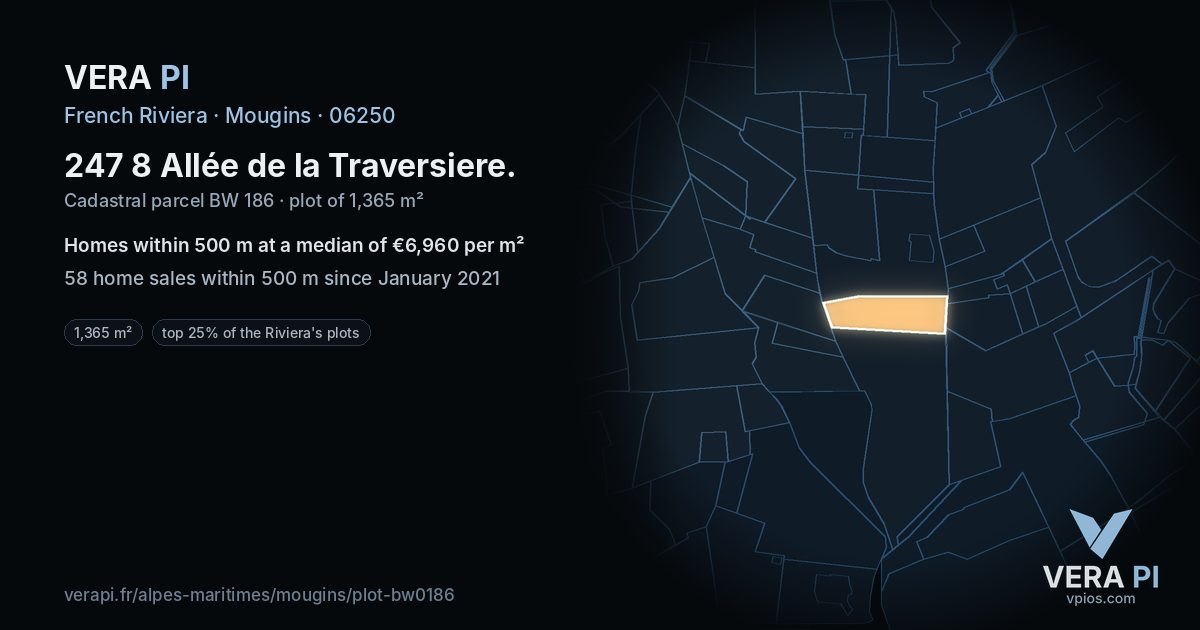 247 8 Allée de la Traversiere, Mougins at night – the plot lit, the parcels around coloured by the prices near them
