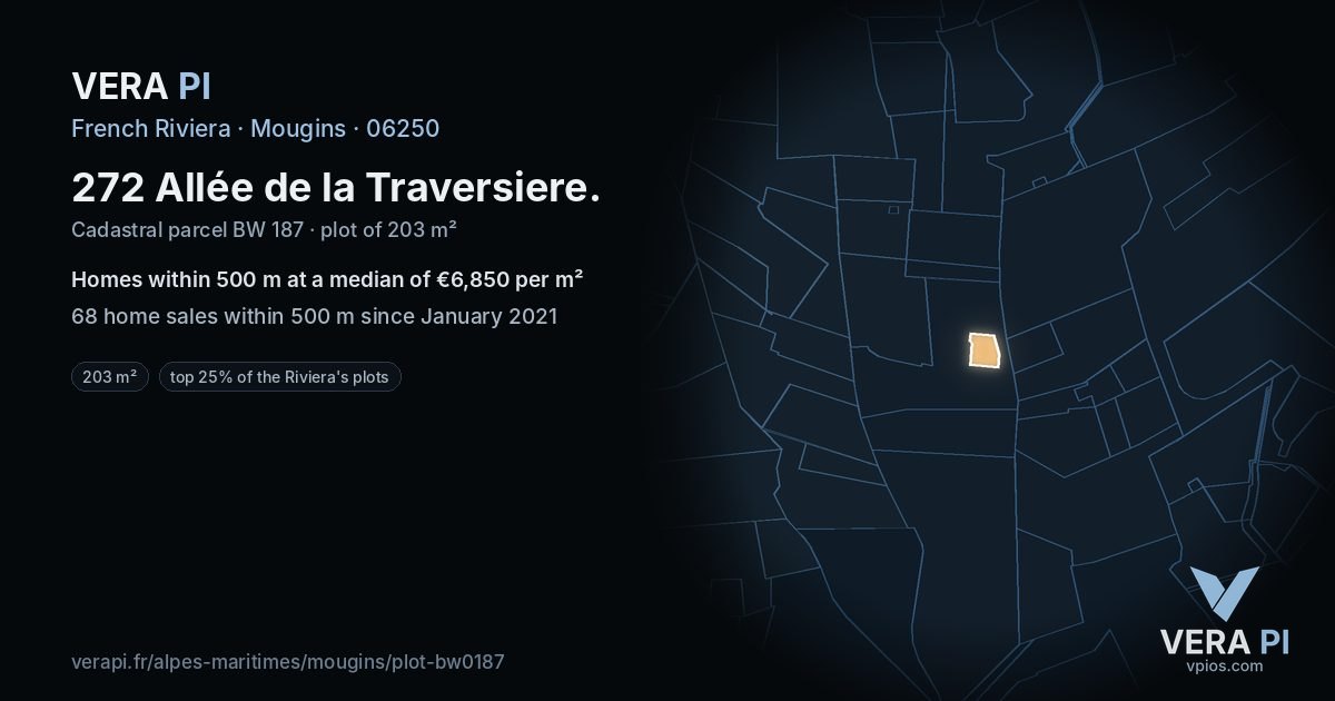 272 Allée de la Traversiere, Mougins at night – the plot lit, the parcels around coloured by the prices near them