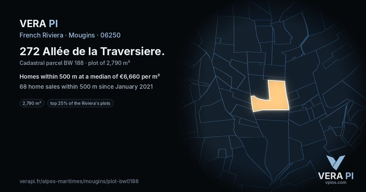 272 Allée de la Traversiere, Mougins at night – the plot lit, the parcels around coloured by the prices near them