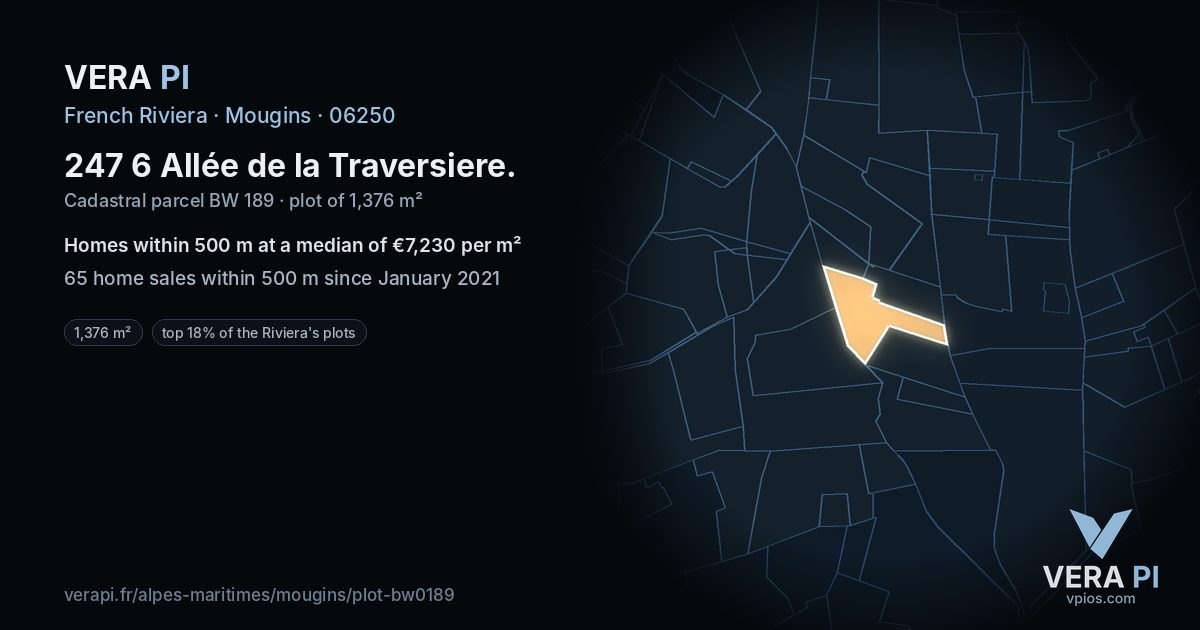 247 6 Allée de la Traversiere, Mougins at night – the plot lit, the parcels around coloured by the prices near them