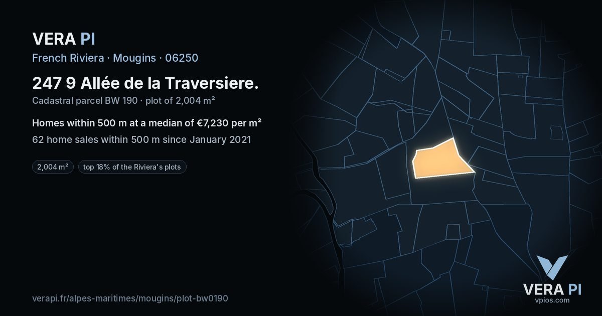 247 9 Allée de la Traversiere, Mougins at night – the plot lit, the parcels around coloured by the prices near them