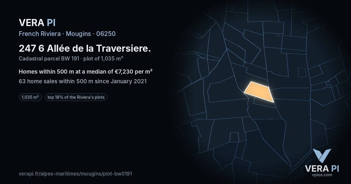 247 6 Allée de la Traversiere, Mougins at night – the plot lit, the parcels around coloured by the prices near them
