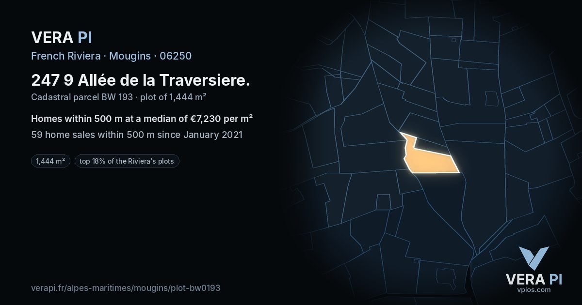247 9 Allée de la Traversiere, Mougins at night – the plot lit, the parcels around coloured by the prices near them