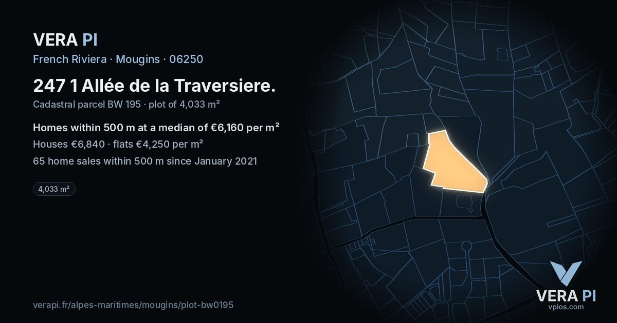 247 1 Allée de la Traversiere, Mougins at night – the plot lit, the parcels around coloured by the prices near them