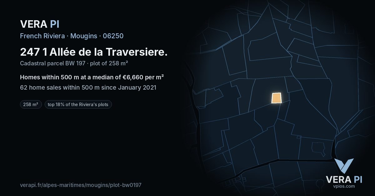247 1 Allée de la Traversiere, Mougins at night – the plot lit, the parcels around coloured by the prices near them