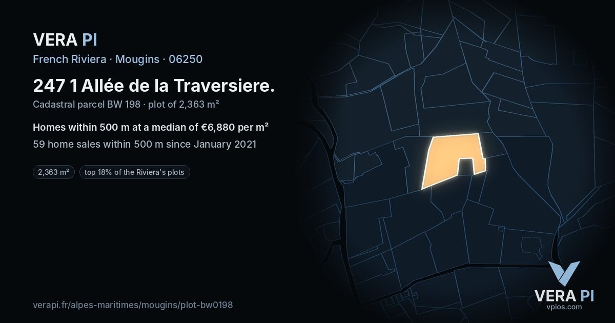 247 1 Allée de la Traversiere, Mougins at night – the plot lit, the parcels around coloured by the prices near them
