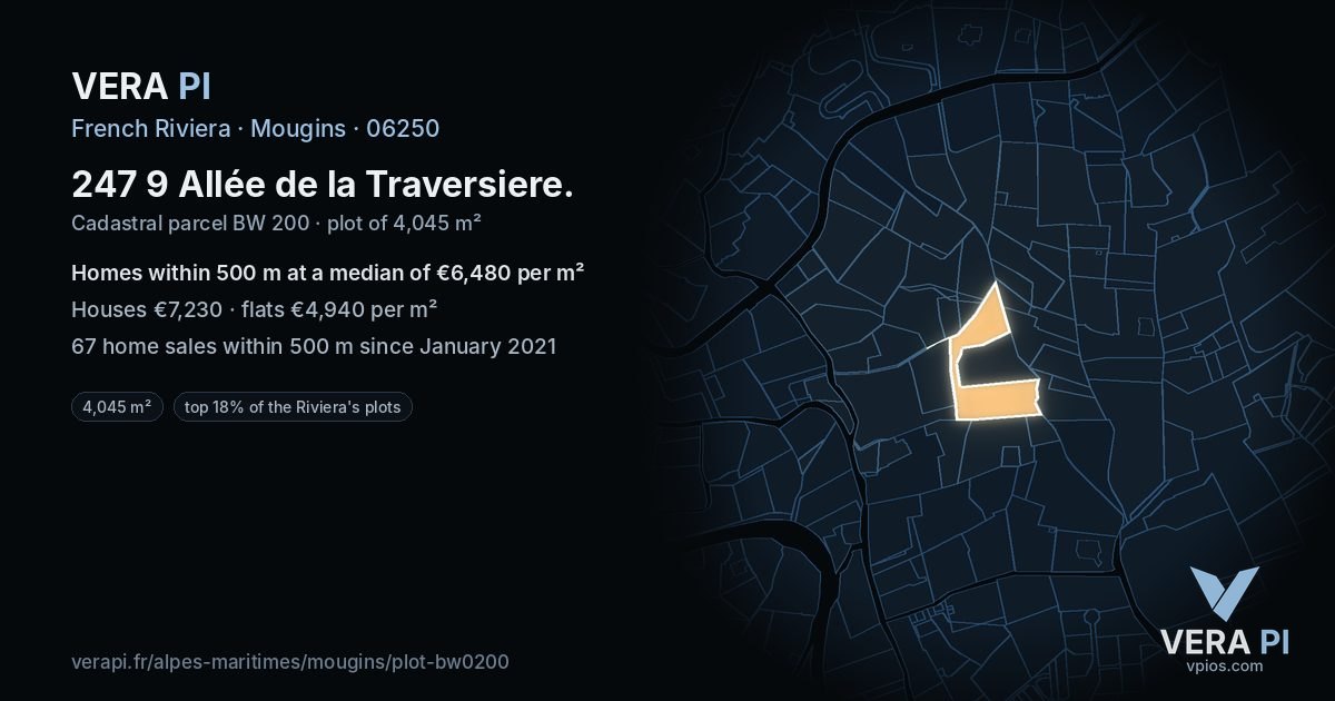247 9 Allée de la Traversiere, Mougins at night – the plot lit, the parcels around coloured by the prices near them